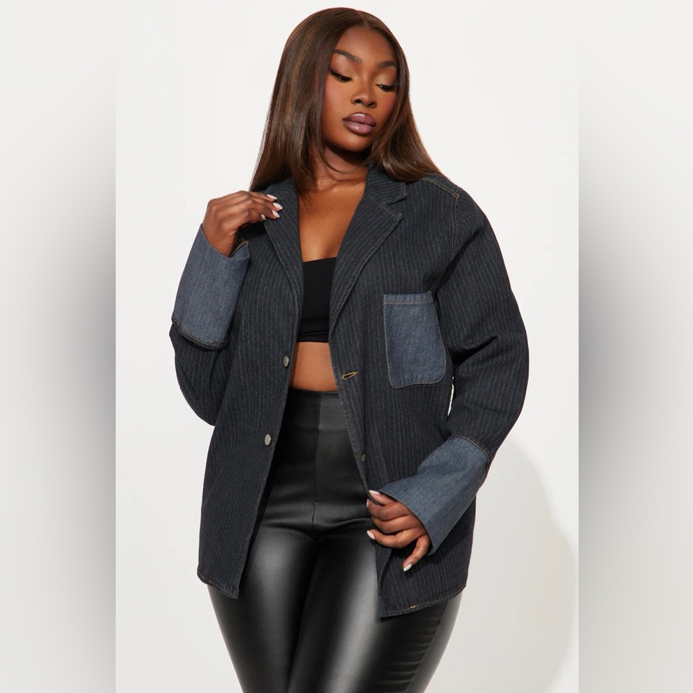 NEW! FASHION NOVA 'Nour' Pinstripe Cuffed Oversized Denim Blazer Jacket